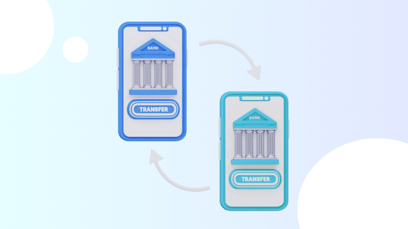 Two Smartphones with Bank Icons and Transfer Buttons, Connected by Arrows, Illustrating Digital Money Transfer Between Accounts