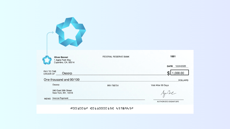 Business Checks With Logo: Why Branded Checks Still Matter for Modern Companies A Check Made Out to Oscorp for $1,000, Dated 12/24/2025, Featuring a Blue Logo and Payment Details