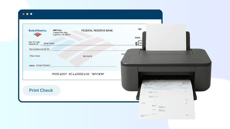 Image of a Digital Check on a Screen Alongside a Printer Printing a Physical Copy of the Check