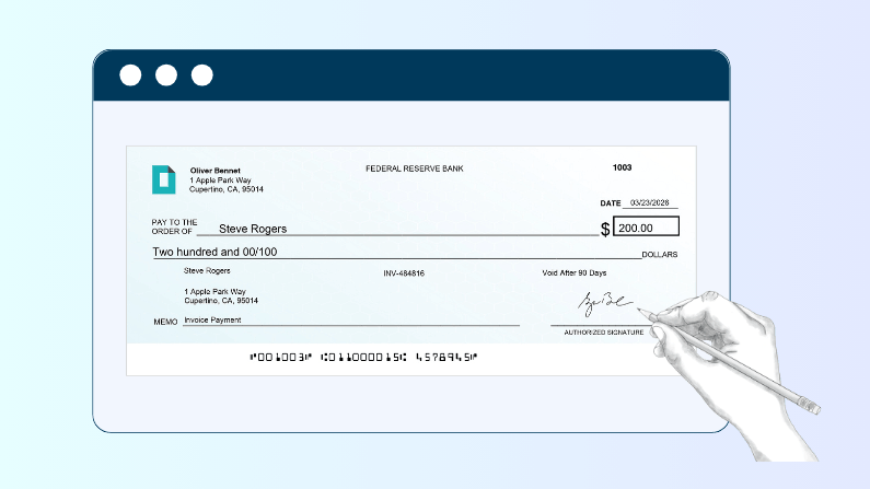 Digital Check from Oliver Bennet to Steve Rogers for $200 Dated 03/23/2026 with Memo "Invoice Payment" and Authorized Signature Being Written