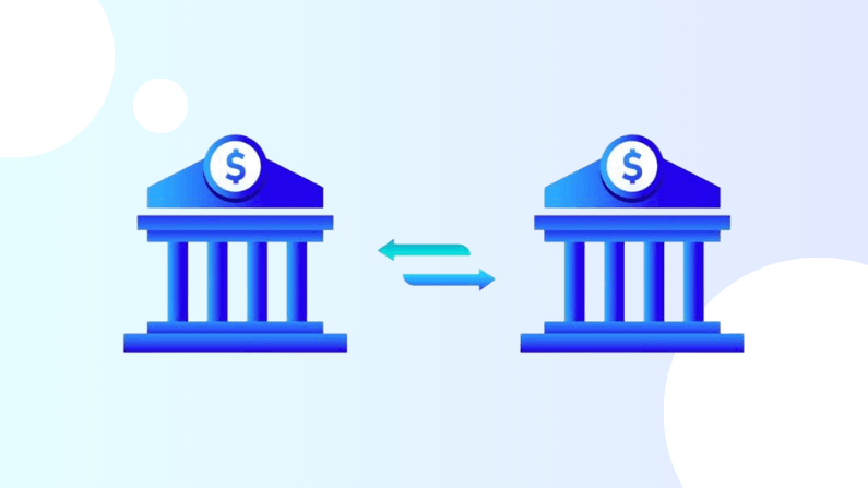 Instant Bank Transfer: Why Speed Matters More Than Ever Two Stylized Bank Icons with Dollar Signs, Separated by Horizontal Arrows, Symbolize Financial Exchange or Transfer Between Banks