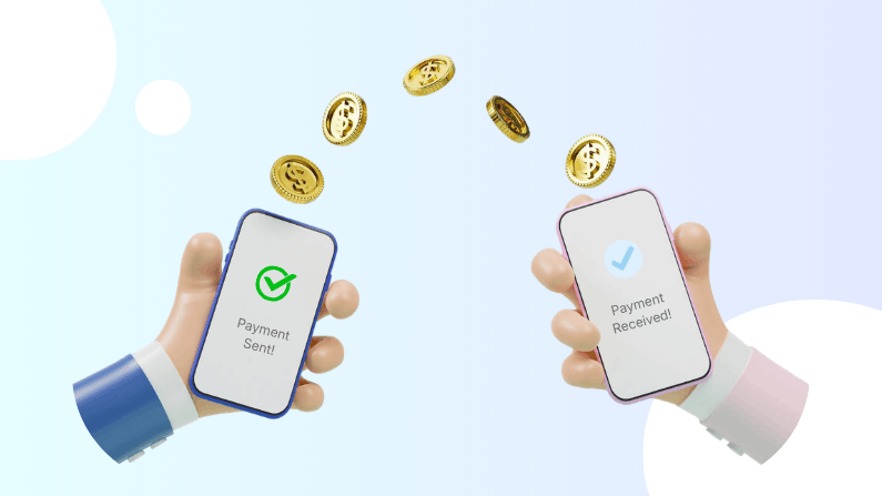 Two Hands Holding Smartphones Showing "Payment Sent!" and "Payment Received!" with Gold Coins Transferring Digitally