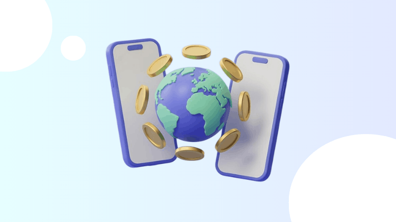 Two Smartphones with a Globe Between Them and Floating Coins, Symbolizing Global Mobile Money Transfers