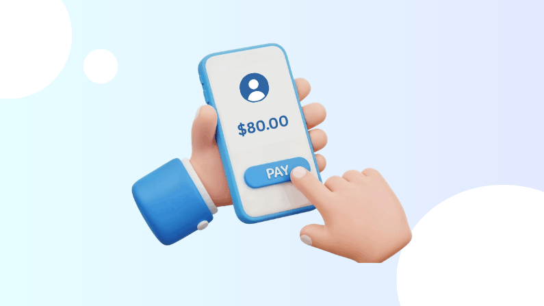 3D Illustration of a Hand Holding a Smartphone Displaying an $80 Payment Screen with a Finger Tapping the "PAY" Button
