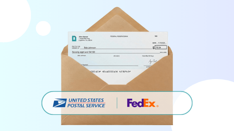 Check Addressed to Bob Johnson for $78.54 Inside a Brown Envelope with USPS and FedEx Logos Below