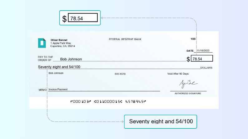 Write Check With Cents: How to Do It Correctly for Accurate Payments Image of a Check Displaying Payment of $78.54 to Bob Johnson, Dated 11/19/2025, with Accompanying Text Explaining the Amount in Words