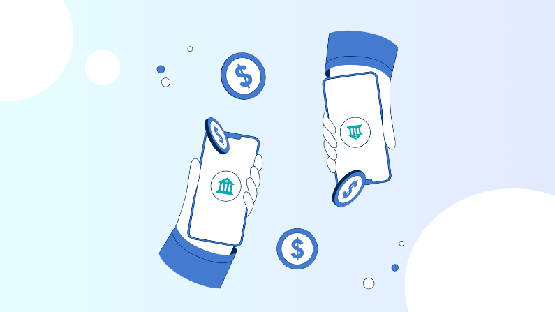 Two Hands Holding Smartphones with Bank Icons Exchanging Digital Dollar Coins on a Blue Gradient Background
