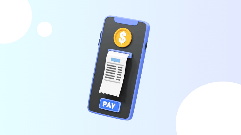 3D Illustration of a Smartphone Displaying a Receipt, a Dollar Coin Icon, and a Blue "PAY" Button on the Screen