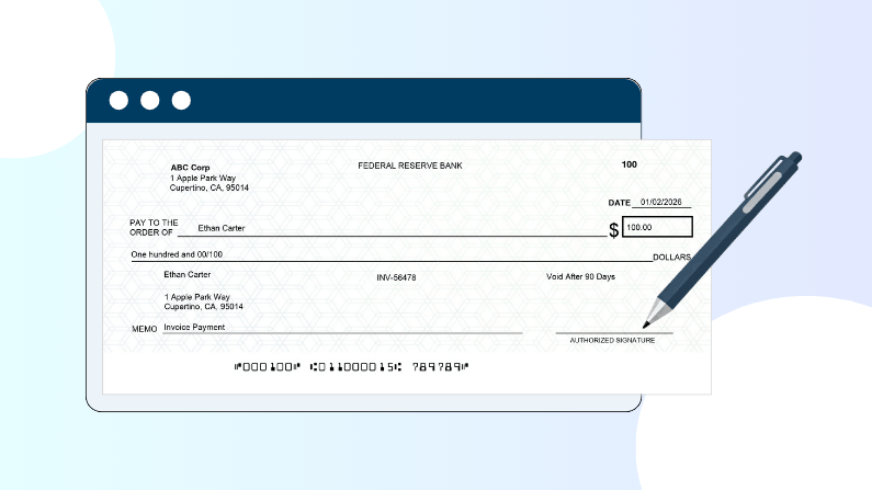 Digital Illustration of a Filled-Out Check for $100 from ABC Corp Dated 01/02/2026, with a Pen Poised to Sign the Authorized Signature Line