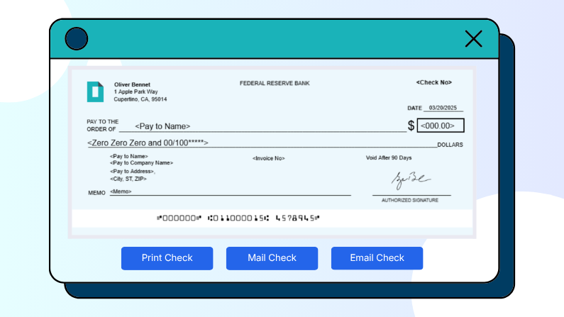 Digital Interface Showing a Blank Paycheck Form from Federal Reserve Bank with Options to Print, Mail, or Email the Check