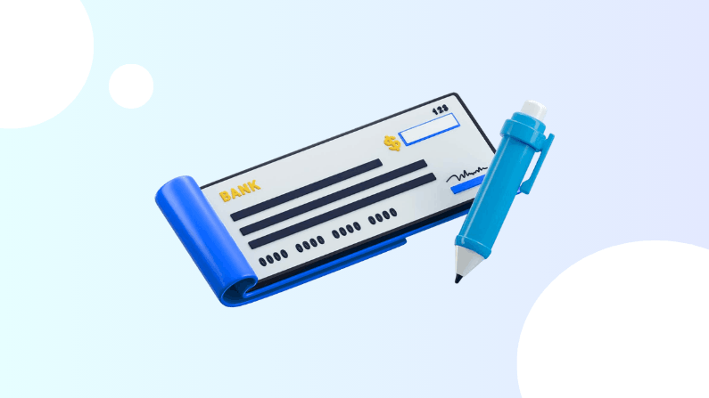 Illustration of a Blue Pen and a Bank Check with Black Text and a Golden Dollar Sign on a Light Blue Background