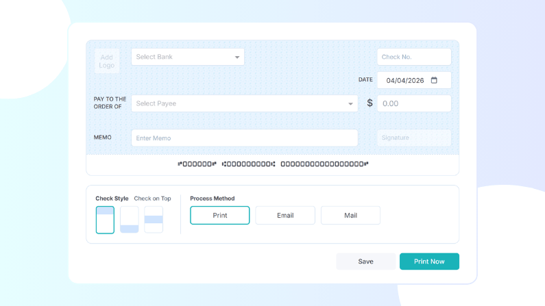 Digital Check Template Form with Fields for Bank, Payee, Date, Amount, Memo, and Options to Print, Email, or Mail the Check