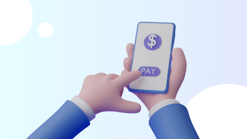 3D Illustration of Hands Holding a Smartphone, with a Finger Pressing a Purple "PAY" Button Below a Dollar Symbol