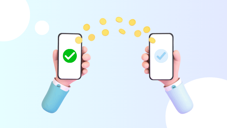 Two Hands Hold Smartphones with Checkmarks, Transferring Digital Coins Between Devices on a Light Blue Background