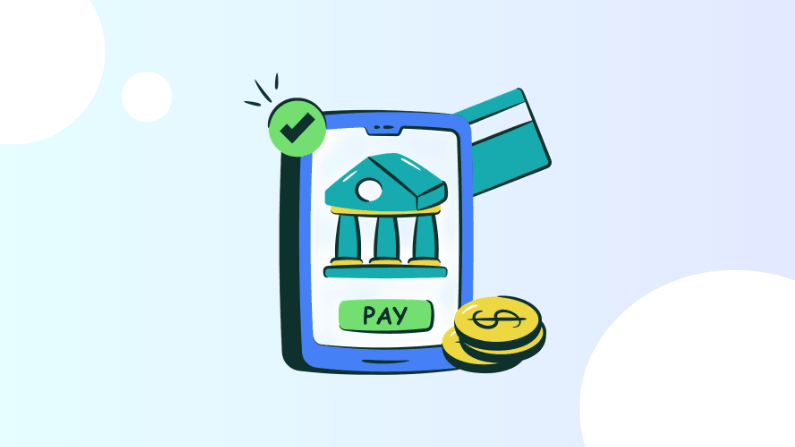 Illustration of a Mobile Phone Showing a Bank Icon and "PAY" Button, with a Credit Card and Coins, Symbolizing Digital Payment
