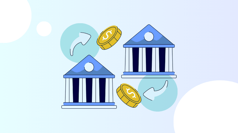 Illustration of Two Banks Exchanging Gold Coins with Dollar Signs, Symbolizing Wire Transfer