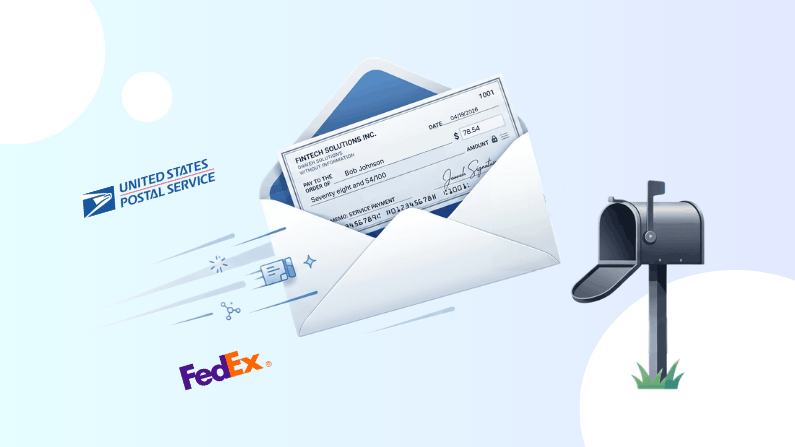An Envelope Containing a Check Flying from United States Postal Service and FedEx Logos Toward an Open Mailbox on a Light Background
