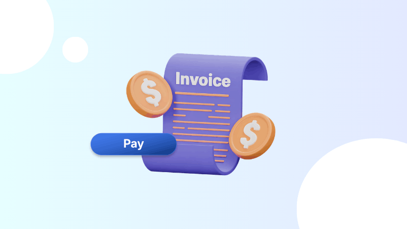 3D Illustration of a Purple Invoice Scroll with Dollar Coins and a Blue "Pay" Button on a Light Blue Background