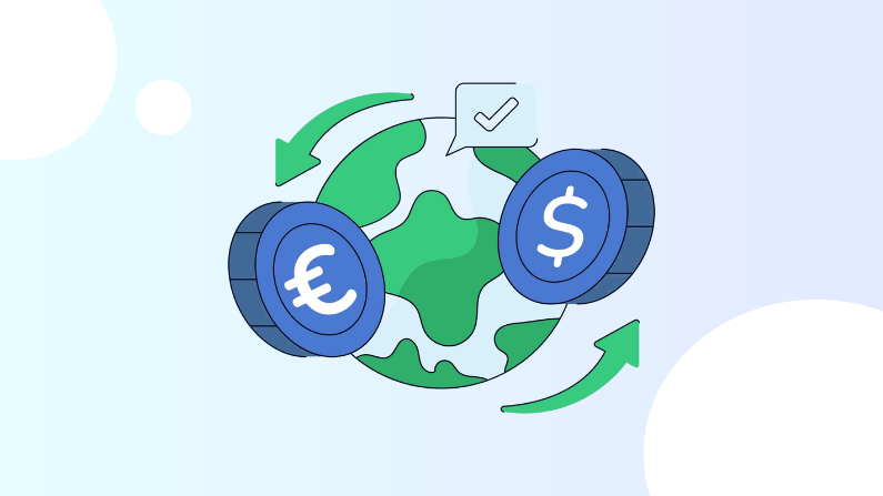 Making International Funds Transfer Easy for Business and Personal Use Illustration of Currency Exchange Showing Euro and Dollar Coins with Arrows Circling the Globe, Symbolizing Global Money Transfer