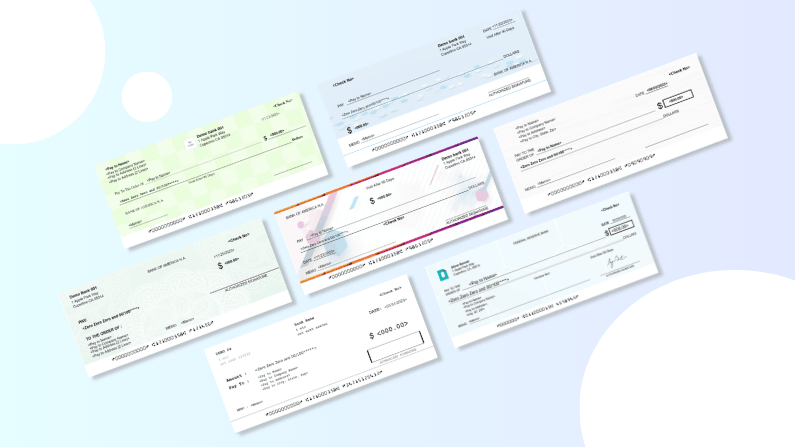 Eight Blank, Variously Colored Personal and Business Checks Arranged on a Light Blue Background with White Abstract Shapes