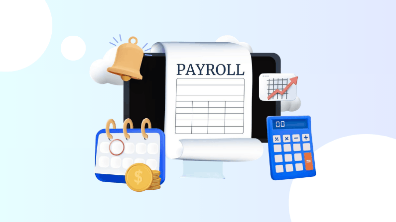 Payroll Services For Small Business Made Simple Illustration of Payroll Management with a Computer Screen, Calendar, Coins, Calculator, Notification Bell, and Upward Growth Chart