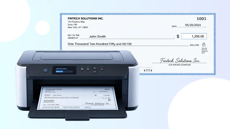 Printer Printing a Check from Fintech Solutions Inc. Payable to John Smith for $1,250 Dated 05/20/2024