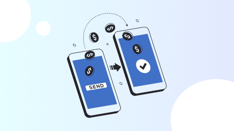 Illustration of Money Being Sent Digitally from One Smartphone to Another with Dollar Symbols and a Send Button