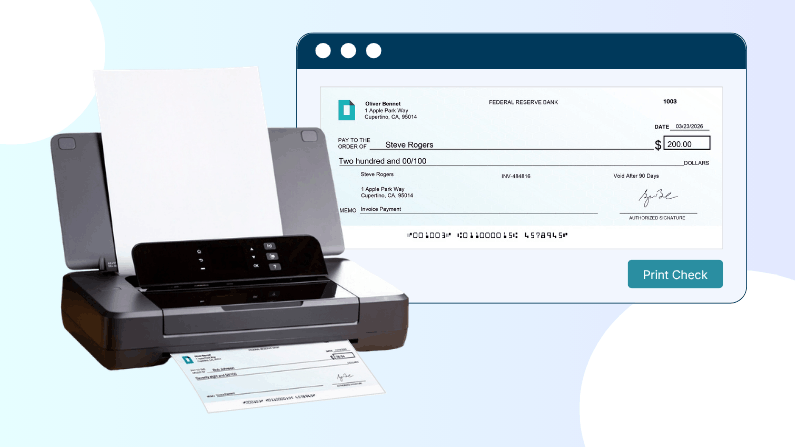 Streamlining Business Payments with Modern Print Checks Software Image of a Printer Printing a Check Addressed to Steve Rogers for $200, with a Digital Preview of the Check on Screen