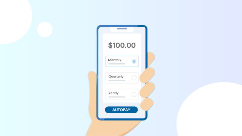 Hand Holding Smartphone Displaying a $100 Payment Option with Monthly, Quarterly, and Yearly Plans, and an Autopay Button