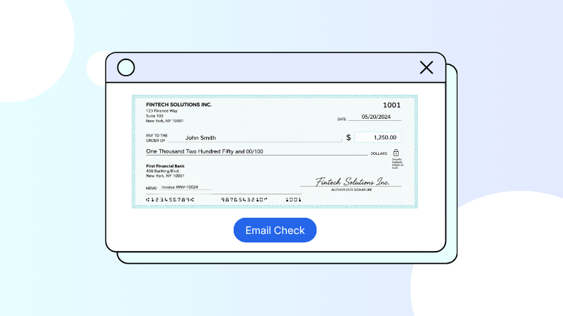 Digital Check from Fintech Solutions Inc. Dated 05/20/2024, Payable to John Smith for $1,250, Displayed in a Web Browser Window