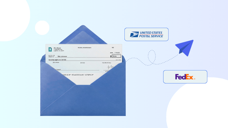 Blue Envelope Containing a Check with Logos of USPS and FedEx, and a Blue Paper Airplane Flying Between Them on a Light Background