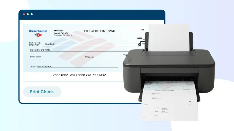 A Digital Interface Shows a Bank of America Check Being Printed by a Black Desktop Printer, with the Printed Check Emerging from the Bottom Tray