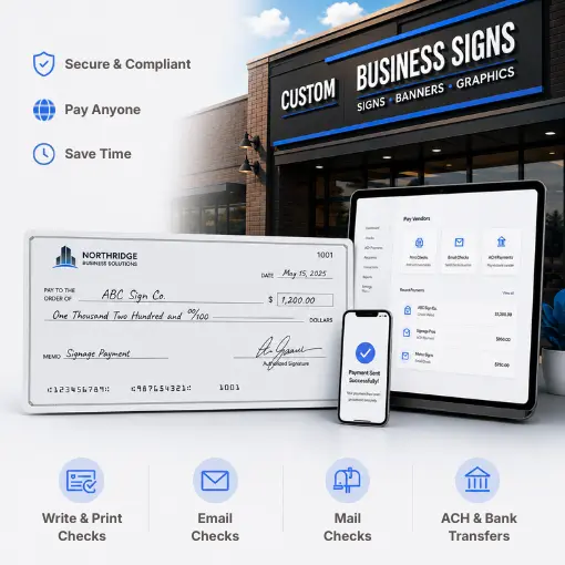 Digital Payment Solutions for Business Signs Featuring Secure Payments, Check Writing, Email/Mail Options, and ACH Transfers