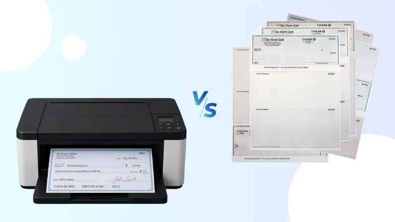 Check Printing vs. Pre-Printed Checks: What FiChecks’ Cost Analysis Shows Printer Printing a Check on the Left Versus Multiple Pre-Printed Checks Stacked on the Right with a "vs" in the Center