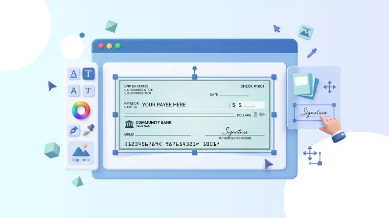 A 3D Digital Interface Shows a Bank Check Being Edited with a Toolbar on the Left and a Hand Cursor Placing a Signature on the Right Side Panel