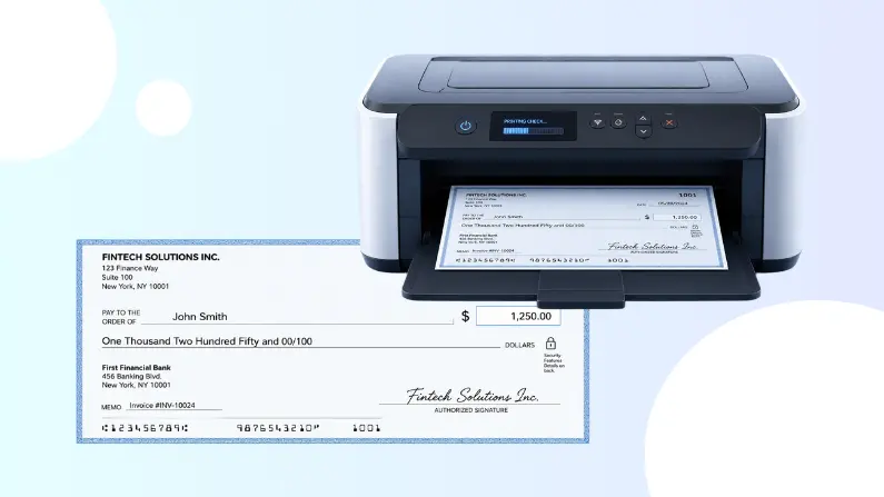 Printer Printing a Large Check for $1,250 from Fintech Solutions Inc. Payable to John Smith, Displayed Alongside the Printed Check