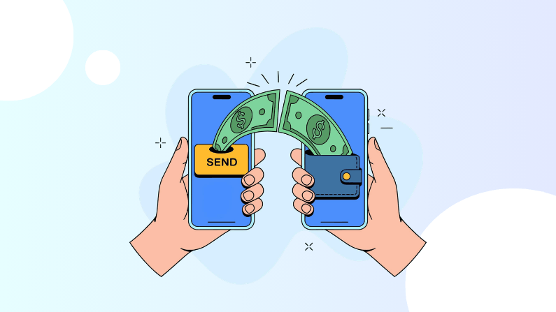 Two Hands Holding Smartphones, One with a Send Button and the Other with a Wallet, Showing a Green Dollar Bill Transferring Between the Two Devices