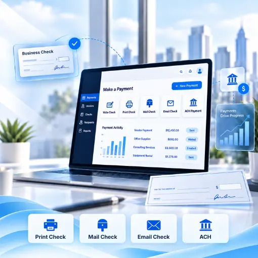 Laptop Screen Displaying Various Payment Options and Activity in a Modern Office Setting with Checks and Digital Payment Icons