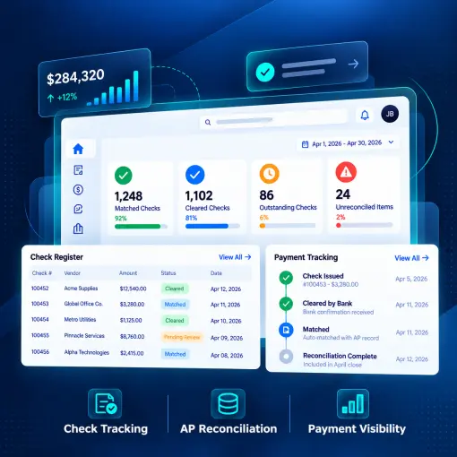 A Digital Dashboard Displays Financial Metrics, Including Matched and Cleared Checks, with Tables for Check Register and Payment Tracking Status