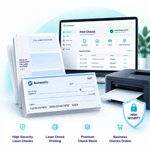 A Laptop Screen Showing Check Printing Software, a Stack of Blank Laser Printer Check Stock, and a Printer with a Printed Check on a White Desk