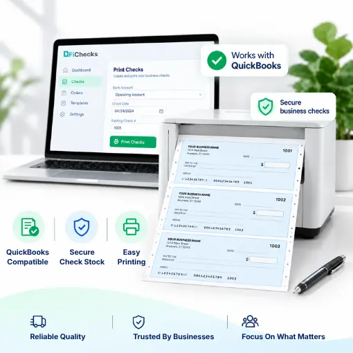 A Printer Displaying Secure Business Checks with a Laptop Showing the FiChecks Dashboard, Highlighting QuickBooks Compatibility