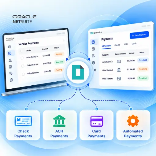 Oracle NetSuite Vendor Payments Dashboard Showing Check, ACH, Card, and Automated Payment Options