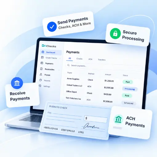 Laptop Displaying a Payments Dashboard with Business Checks and Floating Cards for Sending, Receiving, Secure Processing, and ACH Payments