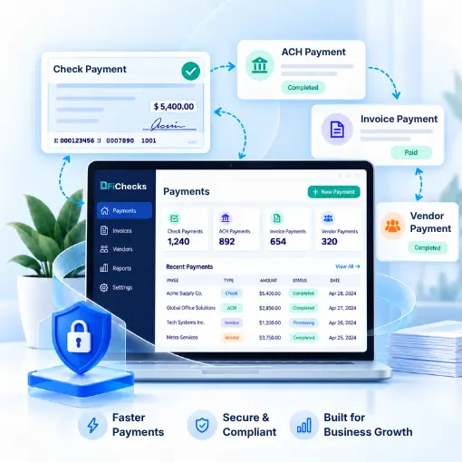Illustration of a Payment Dashboard Linking Check, ACH, Invoice, and Vendor Payments, with a Security Shield and Business Growth Features