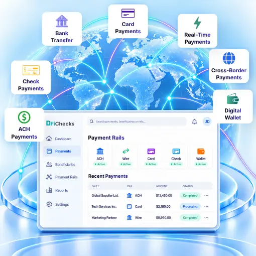 Payment Platform Dashboard Showing Multiple Payment Rails: Bank Transfer, Cards, ACH, Wallets, Checks, and Cross-Border Payments