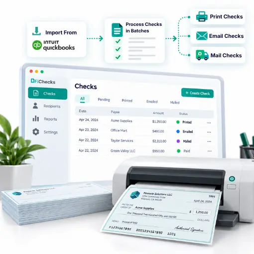 A Digital Workflow Diagram Showing Check Processing from QuickBooks Import to Printing, Emailing, or Mailing, with a Printer and Checks in Front