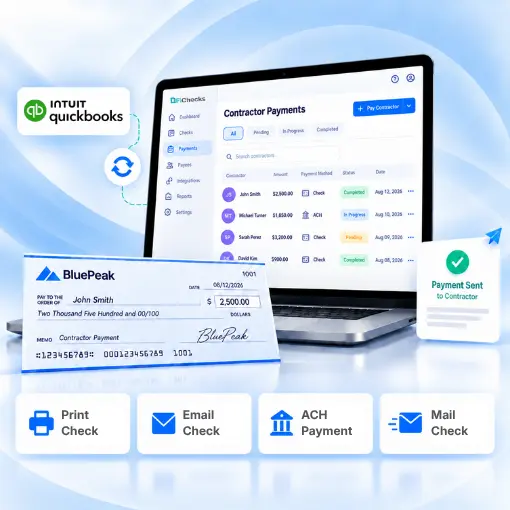 QuickBooks Contractor Payments Dashboard with Check, Email, ACH, and Mail Payment Options Displayed on a Laptop
