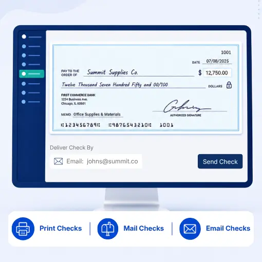 Illustration of a Digital Check for Summit Supplies Co. Displayed on a Monitor, with Options to Print, Mail, or Email Checks