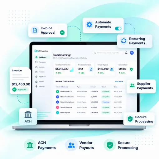 Illustration of a B2B Payments Dashboard with Automated, Recurring, ACH, Vendor, and Secure Payment Features