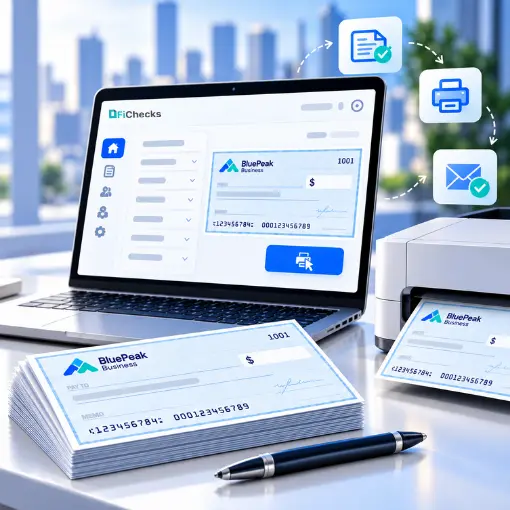 Laptop Displays Digital Check Processing Software Beside Stacks of BluePeak Business Checks, Printer, Envelope, and Financial Document Icons